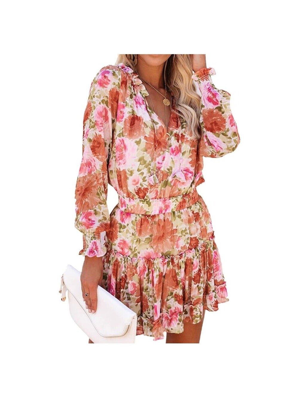 Boutique Smocked Ruffle Dress, Size L, Coral, Pink, Sage, White, Floral, Roses